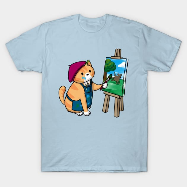 Cat artist easel beret T-Shirt by Doodlecats 